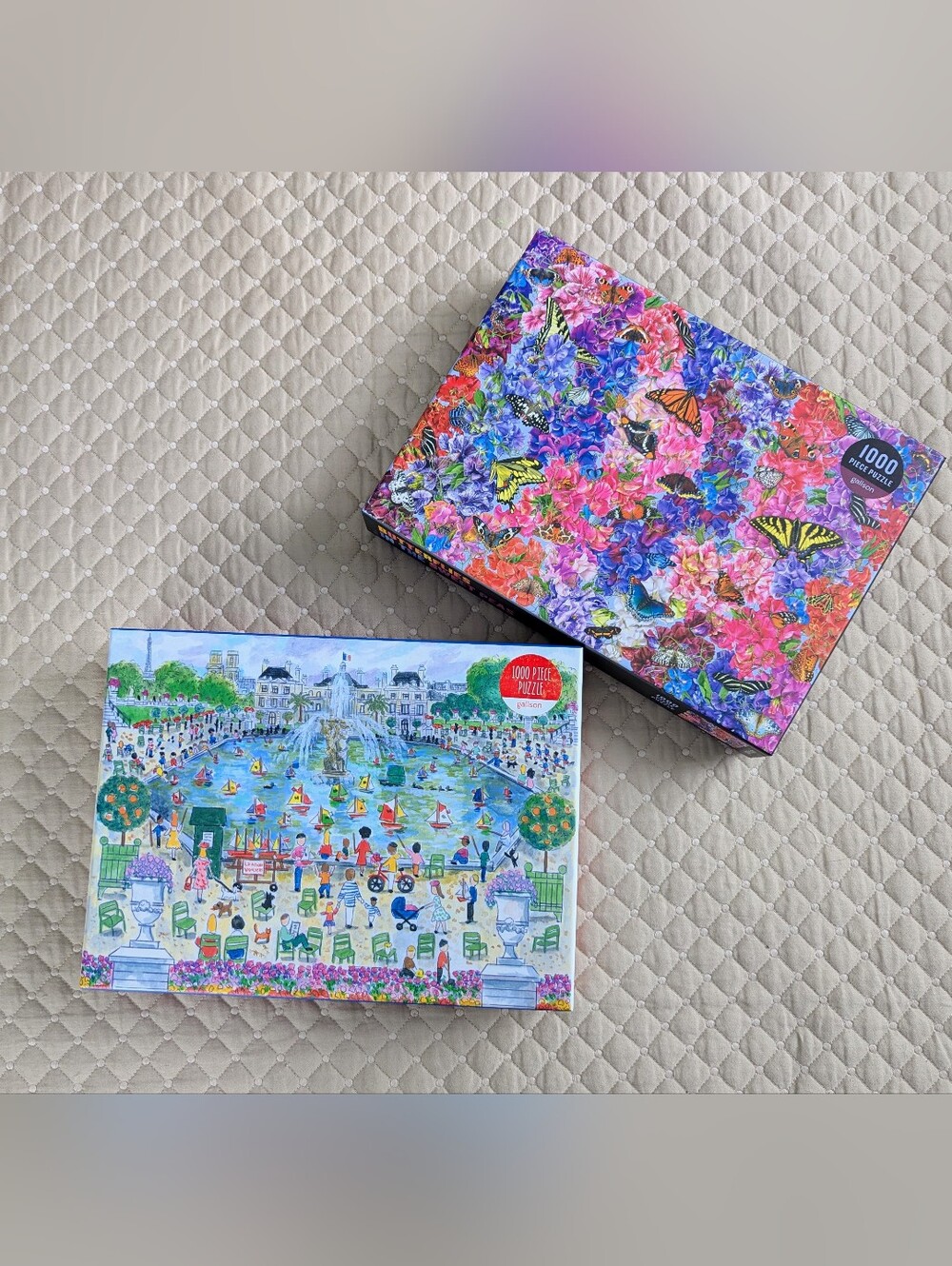 Two Colorful 1000-Piece Jigsaw Puzzles — Floral Butterflies & Scenic Park